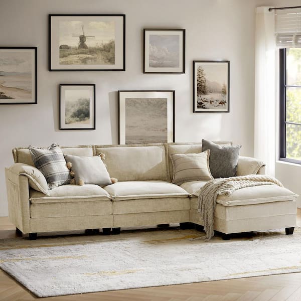 JAYDEN CREATION Noemi Pillow Arm 108 in. 4-piece Polyester Sectional Sofa in. Beige