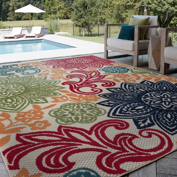 Oasis Floral Multi-Color 8 ft. x 10 ft. Indoor/Outdoor Area Rug