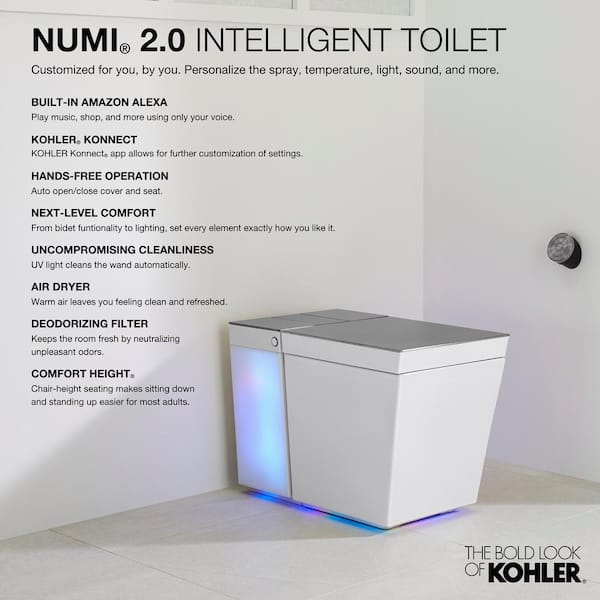 Toilette intelligente Numi de KOHLER, chasse double, blanche 3901-NPR-0