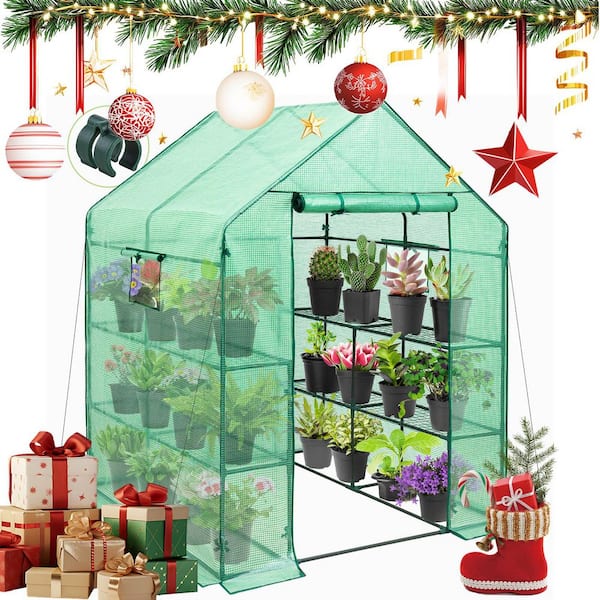 56 in. W x 56 in. D x 77 in. H Green Portable Gardening Plant Walk-in 2-Tiers 8-Shelves Greenhouse