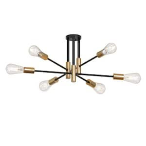 Unique Modern Sputnik 32.7 in. 6-Light Black Semi- Flush Mount with Aged Brass Socket Cups and No Bulb Included (1-Pack)