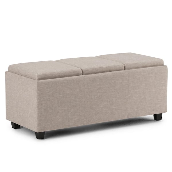 Simpli Home Avalon 42 in. Contemporary Storage Ottoman in Natural Linen Look Fabric