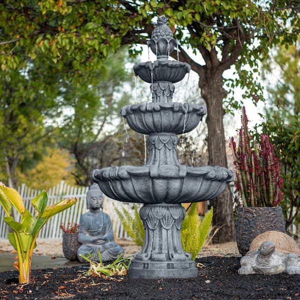 58.3 in. H Electric Resin Tiered Fountain with Submersible Pump, Classic Leaf Designs, Gray