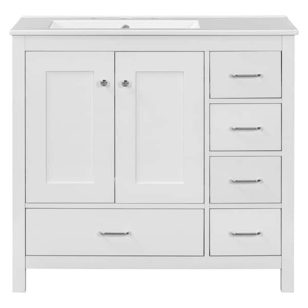 36 in. White Wood Rectangle Vessel Sink Bathroom Vanity Combo with Single Sink, 2 Soft close doors and 5 drawers