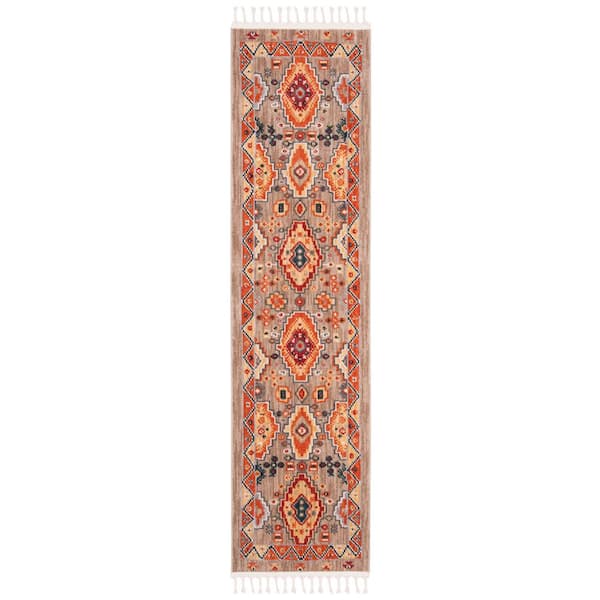 Farmhouse 2 ft. x 10 ft. Taupe/Orange Diamond Border Runner Rug