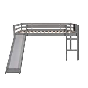 Gray Twin Size Wood Loft Bed with Slide and Chalkboard, Low Floor Kids Loft Bed Frame with Slide and Ladder