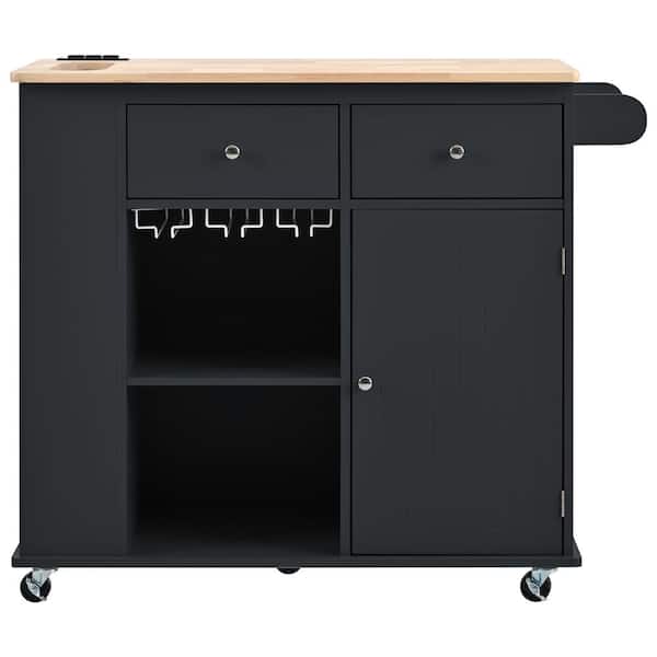 Boosicavelly Black Rubber Wood MDF Kitchen Cart with Drop-Leaf Countertop and Power Outlet