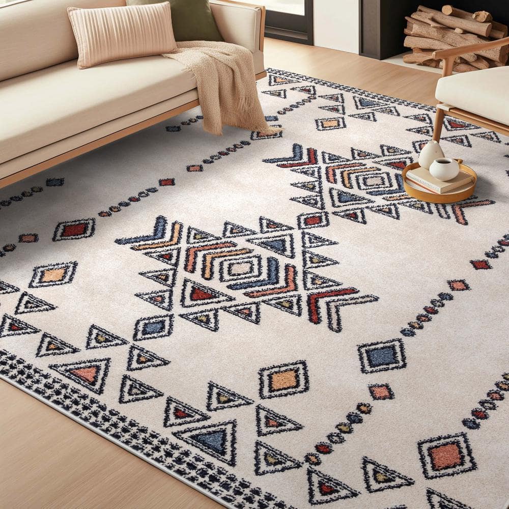 Beige Bohemian Tribal High-Low 3'11" x 5'3" Area Rug