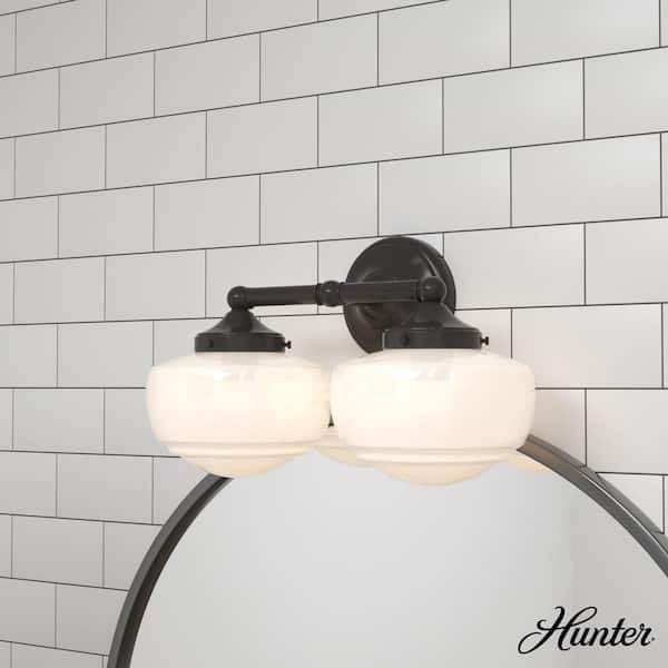 Hunter Saddle Creek 16.25 in. 2-Light Noble Bronze Vanity Light with Cased White Glass Shades