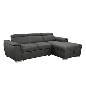 97 in. L-Shaped Microfiber Sectional Sofa in Gray with Pull-Out Bed, Storage Chaise and Adjustable Headrests