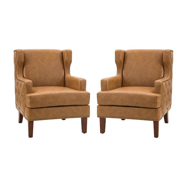JAYDEN CREATION Enrico Camel Vegan Leather Armchair with Solid Wood Legs Set of 2