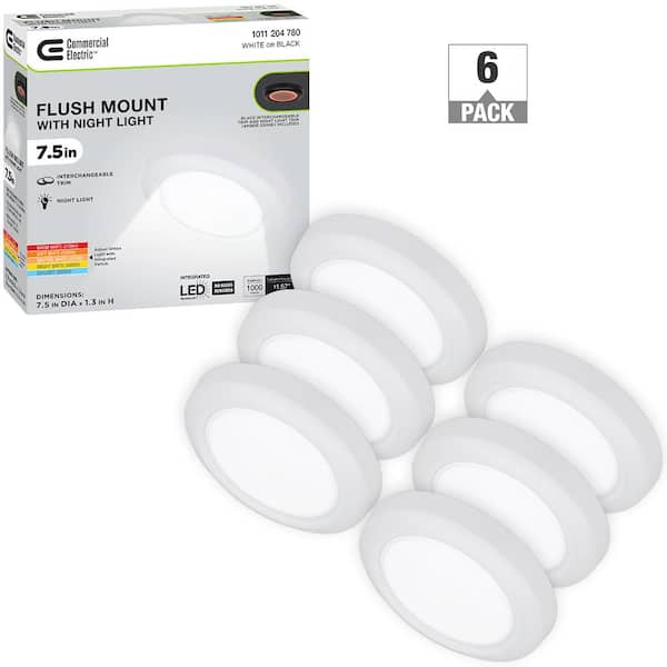 Commercial Electric 7.5 in. Disk Light LED Flush Mount with Night Light Feature and Extra Black Trim 1000 Lumens Adjustable CCT (6-Pack)