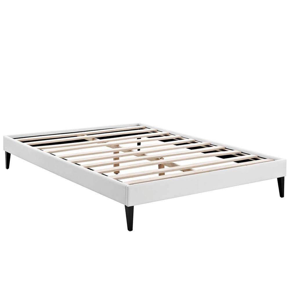 Sleek White Queen Platform Bed with Faux Leather Upholstery