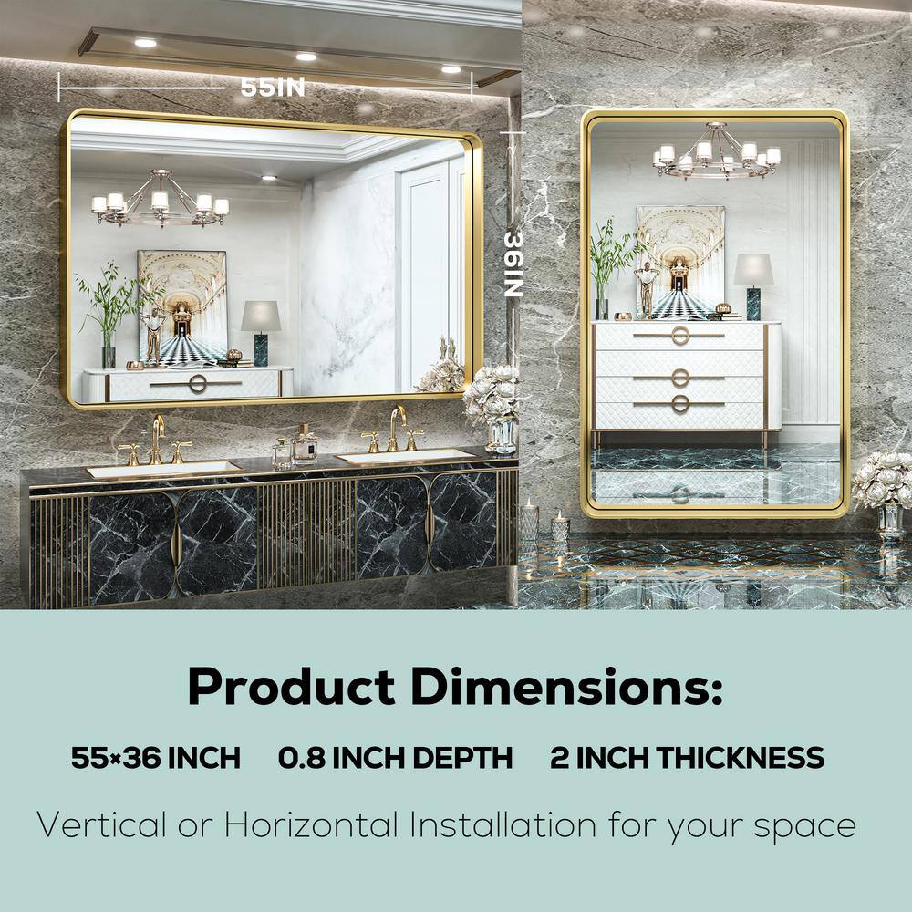 55" x 36" Gold Metal Framed Rectangular Bathroom Vanity Mirror