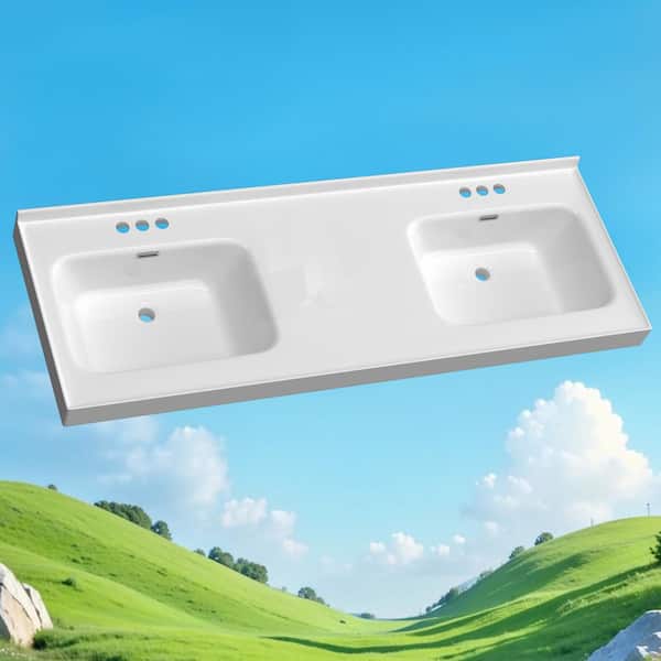 61 in. W x 22 in. D Solid Surface White Rectangular Double Sinks Vanity Top with Backsplash Bathroom Countertop in White