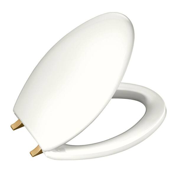 KOHLER Bancroft Elongated Toilet Seat with Vibrant Brushed Bronze Hinges in White-DISCONTINUED