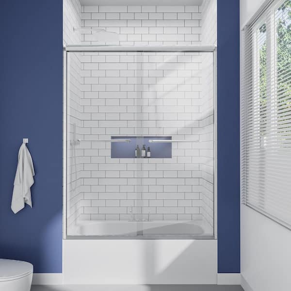 mortix 60 in. W x 62 in. H Double Sliding Framed Tub Door in Brushed Nickel with 1/4 in. Clear Glass