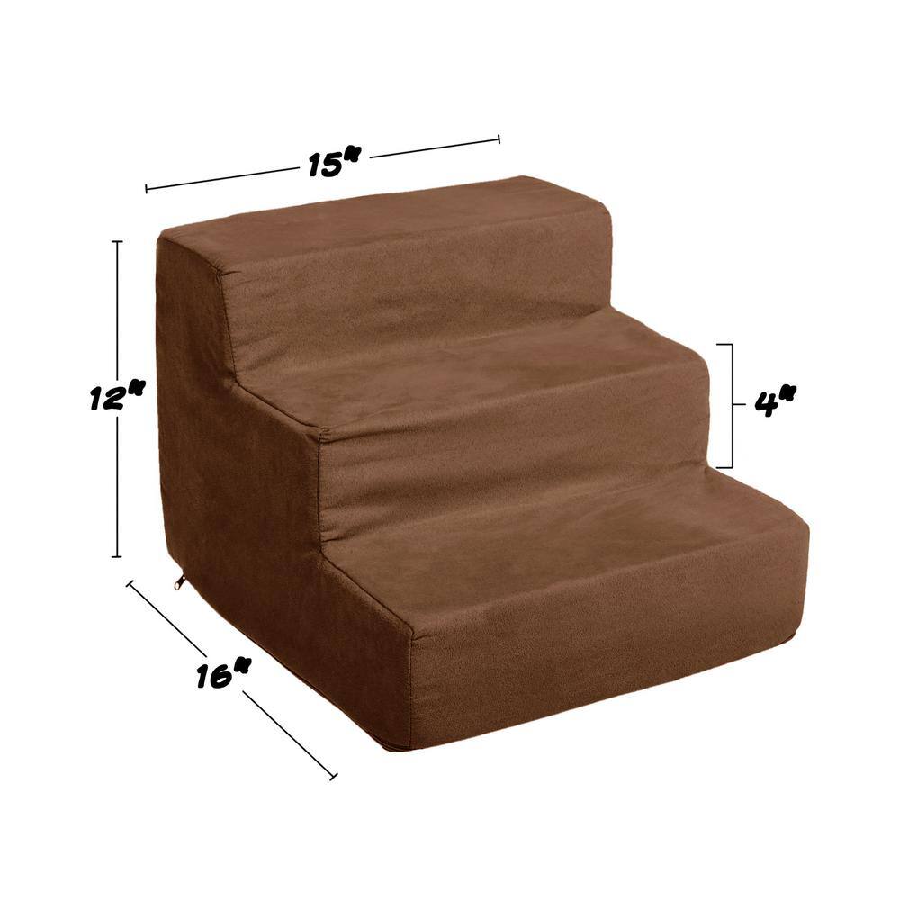 Brown 3-Step High-Density Foam Pet Stairs with Microfiber Cover