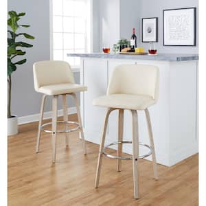 Toriano 29.5 in. Cream Faux Leather, Whitewash Wood and Chrome Metal Fixed-Height Bar Stool (Set of 2)