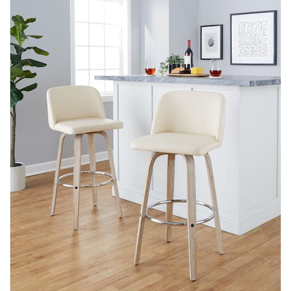 Lumisource Toriano 29.5 in. Cream Faux Leather, Whitewash Wood and Chrome Metal Fixed-Height Bar Stool (Set of 2)