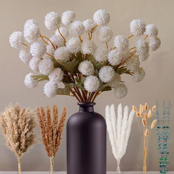 17 in. White Mums Artificial Flowers with Dried Pampas Grass Decor