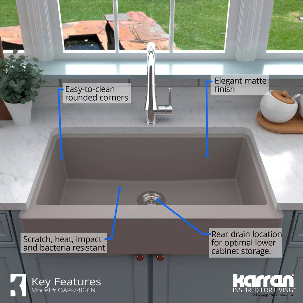 34'' Matte Concrete Quartz Farmhouse Single Bowl Kitchen Sink