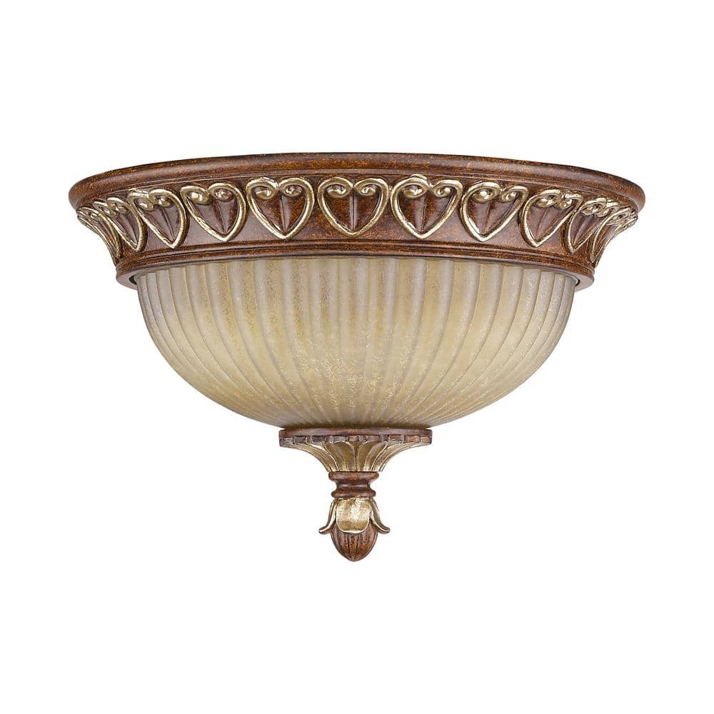 Verona Bronze & Aged Gold Leaf Dual-Light Flush Mount with Rustic Art Glass
