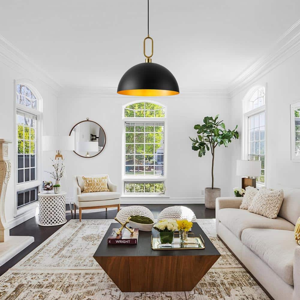 Large Black and Gold Metal Dome Pendant Light for Kitchen Island