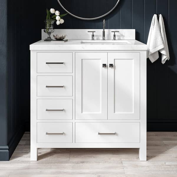 ARIEL Cambridge 36 in. W x 22 in. D x 36 in. H Single Rectangle Sink Bath Vanity in White with Carrara White Quartz Top