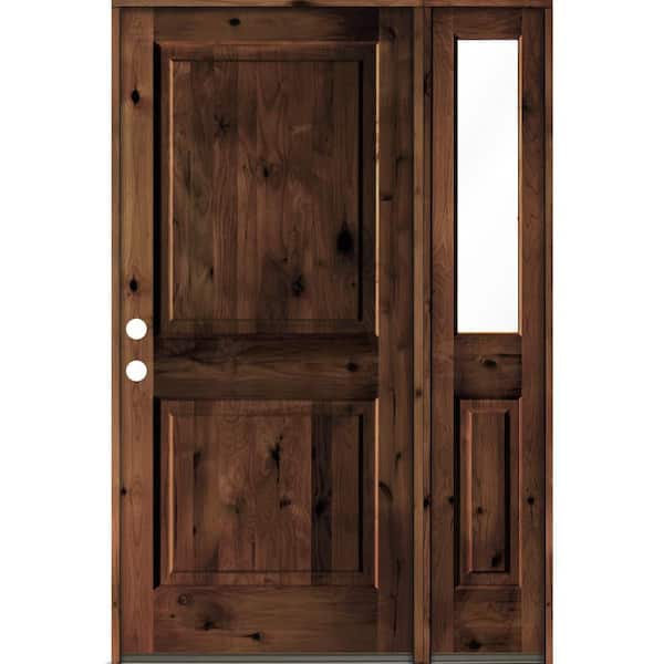 Krosswood Doors 50 in. x 80 in. knotty alder Right-Hand/Inswing Clear Glass Red Mahogany Stain Square Top Wood Prehung Front Door w/RHSL
