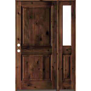 56 in. x 80 in. knotty alder Right-Hand/Inswing Clear Glass Red Mahogany Stain Square Top Wood Prehung Front Door w/RHSL