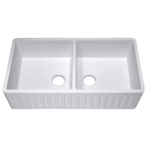 Roine Farmhouse Solid Surface Man Made Stone 35 in. 50/50 Double Bowl Kitchen Sink in Matte White