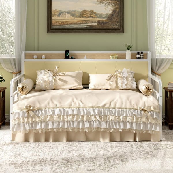 VECELO Twin Daybed with USB Ports and Outlets, White Metal Sofa