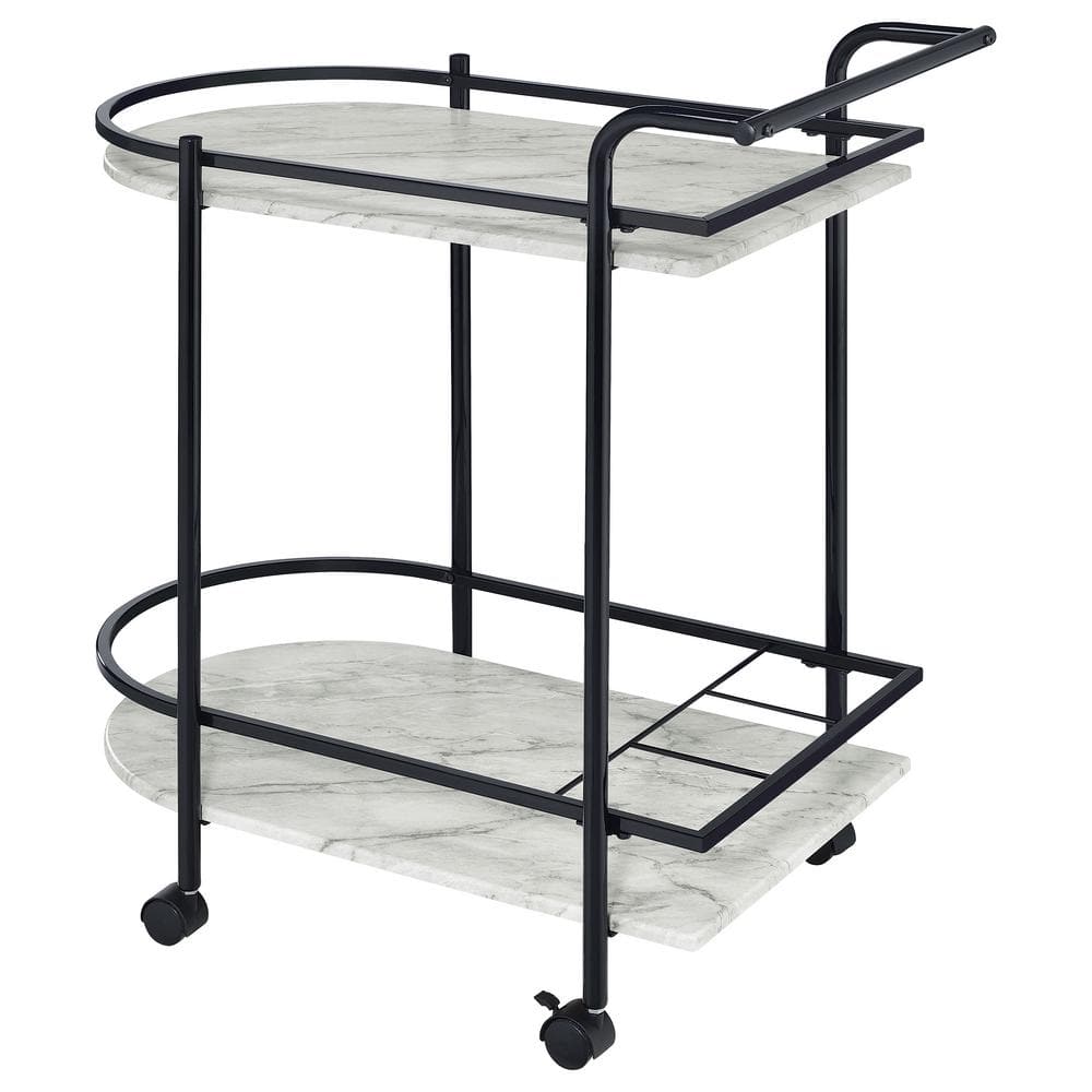 Black and White Faux Marble Rectangular Bar Cart with Wine Rack
