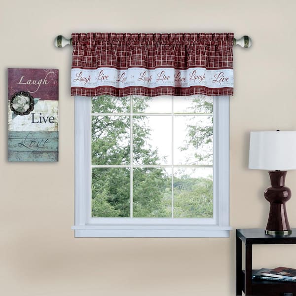 Live, Love, Laugh Burgundy Polyester Light Filtering Rod Pocket Tier and Valance Curtain Set 58 in. W x 36 in. L