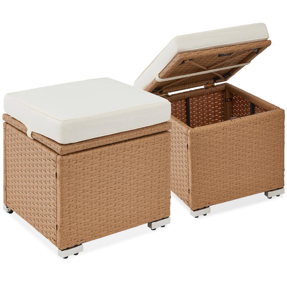 Best Choice Products Natural Wicker Outdoor Ottomans Storage Box Footstool with Removable Ivory