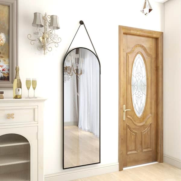 XRAMFY Black 16 in. W x 48 in. H Arched Modern Aluminum Alloy Framed With Belt Wall Mirror