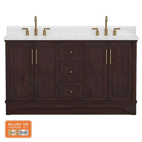 Eastwood 61 in. Double Sink Dark Walnut Bath Vanity with Carrara White Engineered Stone Top (Assembled)