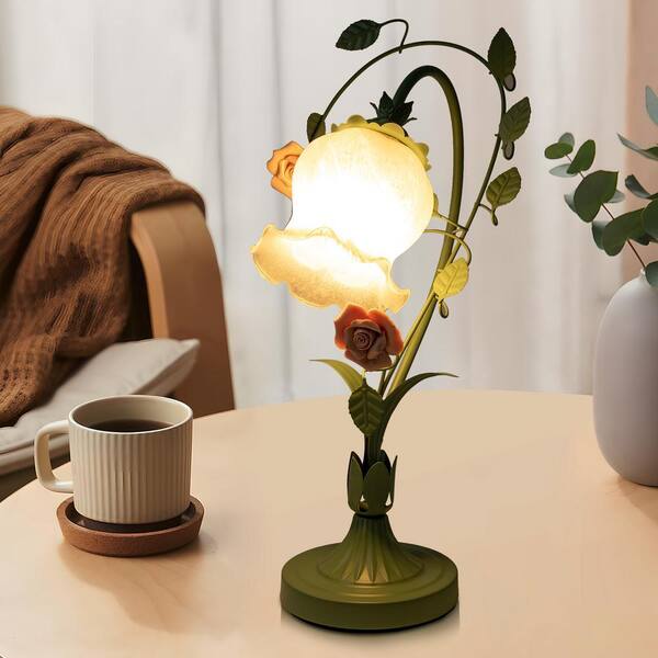 Tellingyou 2-Pack 16-Inch Modern Farmhouse Green Ceramic Lamp – Beige Linen Shade, Vintage Rose Floral Pattern For Bedroom, Living Room, Office, Desk