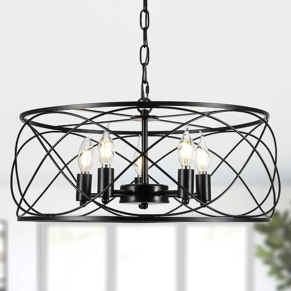 Glister 20 in. 5-Light Matte Black Modern Industrial Industrial Iron Chandelier with Adjustable Chain for Dinning Room