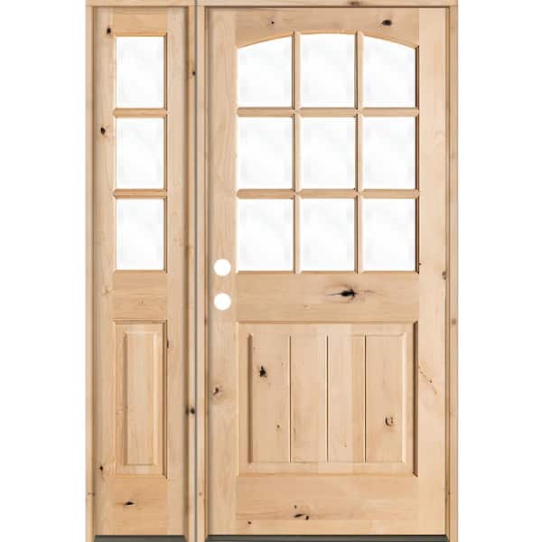 Krosswood Doors 46 in. x 80 in. Knotty Alder Right-Hand/Inswing 9-Lite Clear Glass Unfinished Wood Prehung Front Door with Left Sidelite
