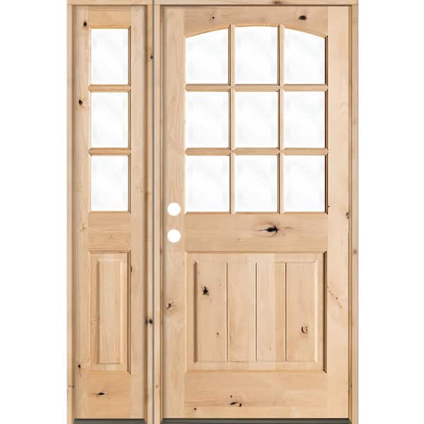 Krosswood Doors 50 in. x 80 in. Knotty Alder Right-Hand/Inswing 9-Lite Clear Glass Unfinished Wood Prehung Front Door with Left Sidelite