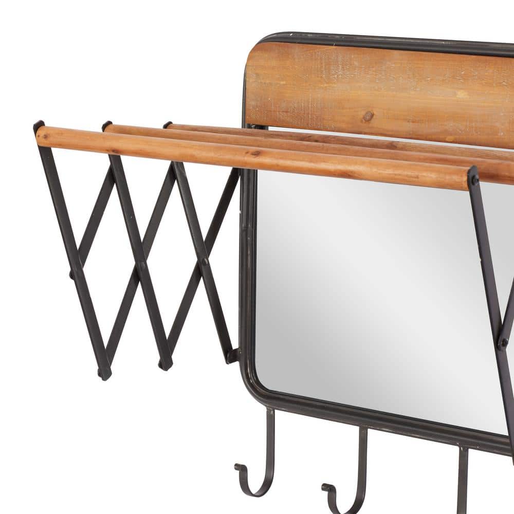 Industrial Brown Metal and Wood Wall Hook with Mirror