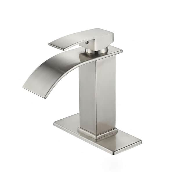 Waterfall Single Handle Single Hole Arc Bathroom Faucet Drip-Free Vanity Sink Faucet with Drain Kit in Brushed Nickel