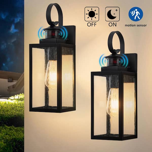16. 75in Matte Black Motion Sensor Dusk to Dawn Outdoor Hardwired Wall Lantern Sconce, No Bulbs Included (2-Pack)