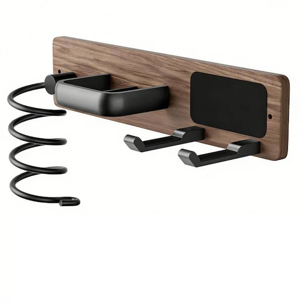 12.1 in. W Wall Mounted 3 in 1 Hair Tool Organizer for Hair Dryer, Curling Iron and Flat Iron, Walnut Matte Black