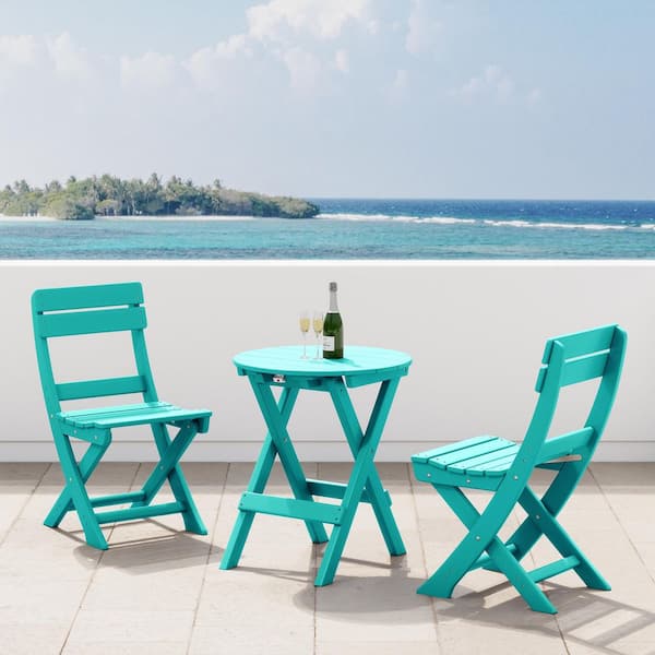Laguna 3-Piece All Weather HDPE Plastic Outdoor Patio Rust Free Folding Bistro Dining Set, Turquoise
