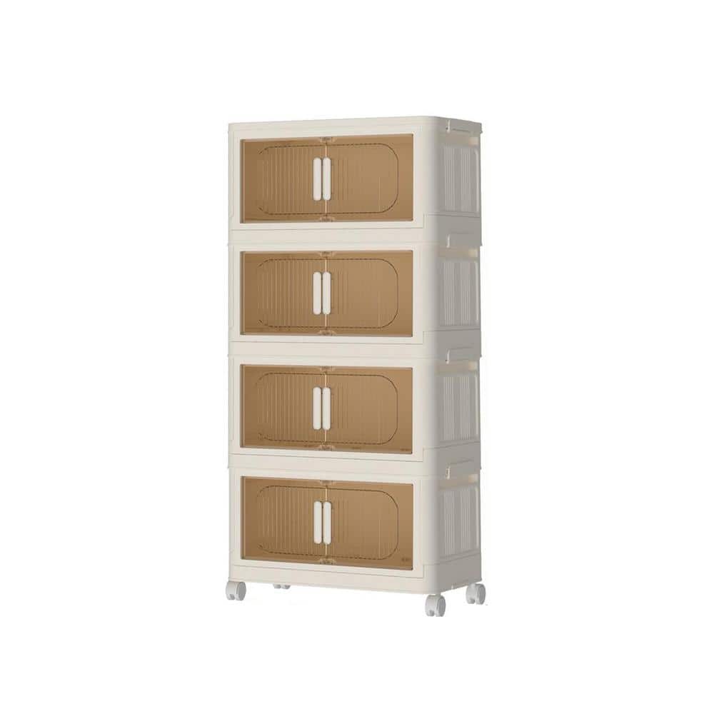 4 Tier Cream White Plastic Storage Cabinet, Folding Kitchen Closet Organizer with Clear Magnetic Door and 4 Wheels
