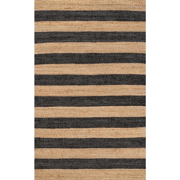 Jayden Rustic Farmhouse Woven Jute Stripe Natural/Black 8 ft. x 10 ft. Area Rug