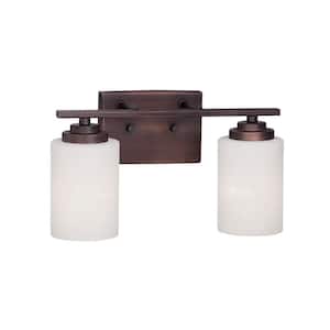 2-Light Rubbed Bronze Vanity Light with Etched White Glass